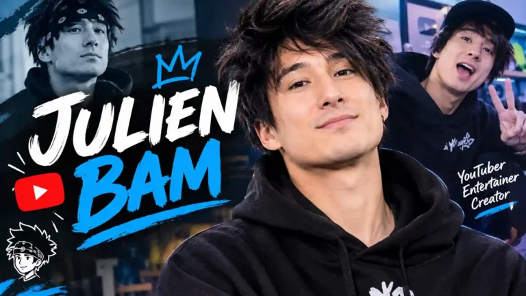 Julien Bam in einem schwarzen Hoodie mit blau-schwarzem Hintergrund und auffälliger Schriftgestaltung.