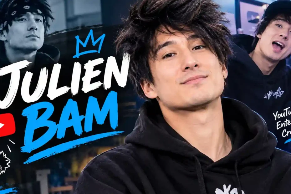 Julien Bam in einem schwarzen Hoodie mit blau-schwarzem Hintergrund und auffälliger Schriftgestaltung.
