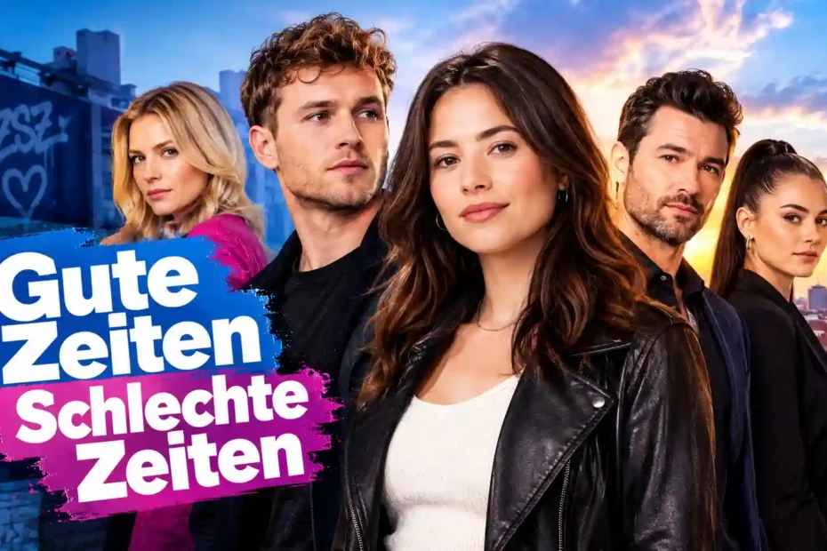Gute Zeiten Schlechte Zeiten mit Darstellern vor einer Berliner Stadtkulisse