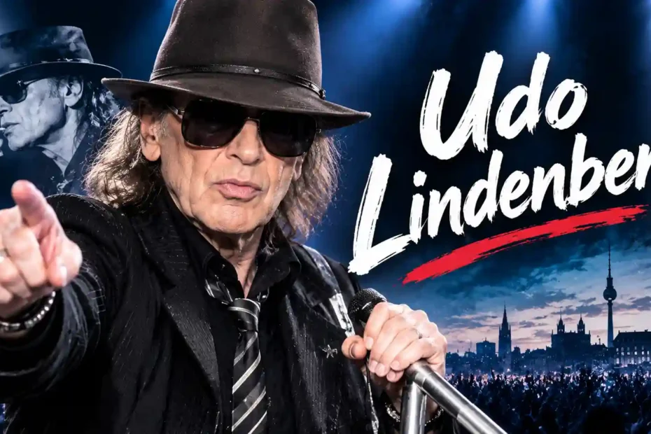 Udo Lindenberg mit schwarzem Hut, Sonnenbrille und Mikrofon vor einer dramatischen Konzertkulisse mit blauem Licht.